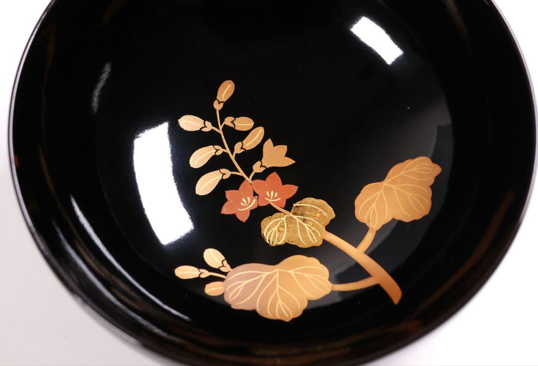 【CM401】天然木漆塗 菊桐鳳凰金蒔絵 黒塗 吸物椀 三客 昭和期 木製漆器