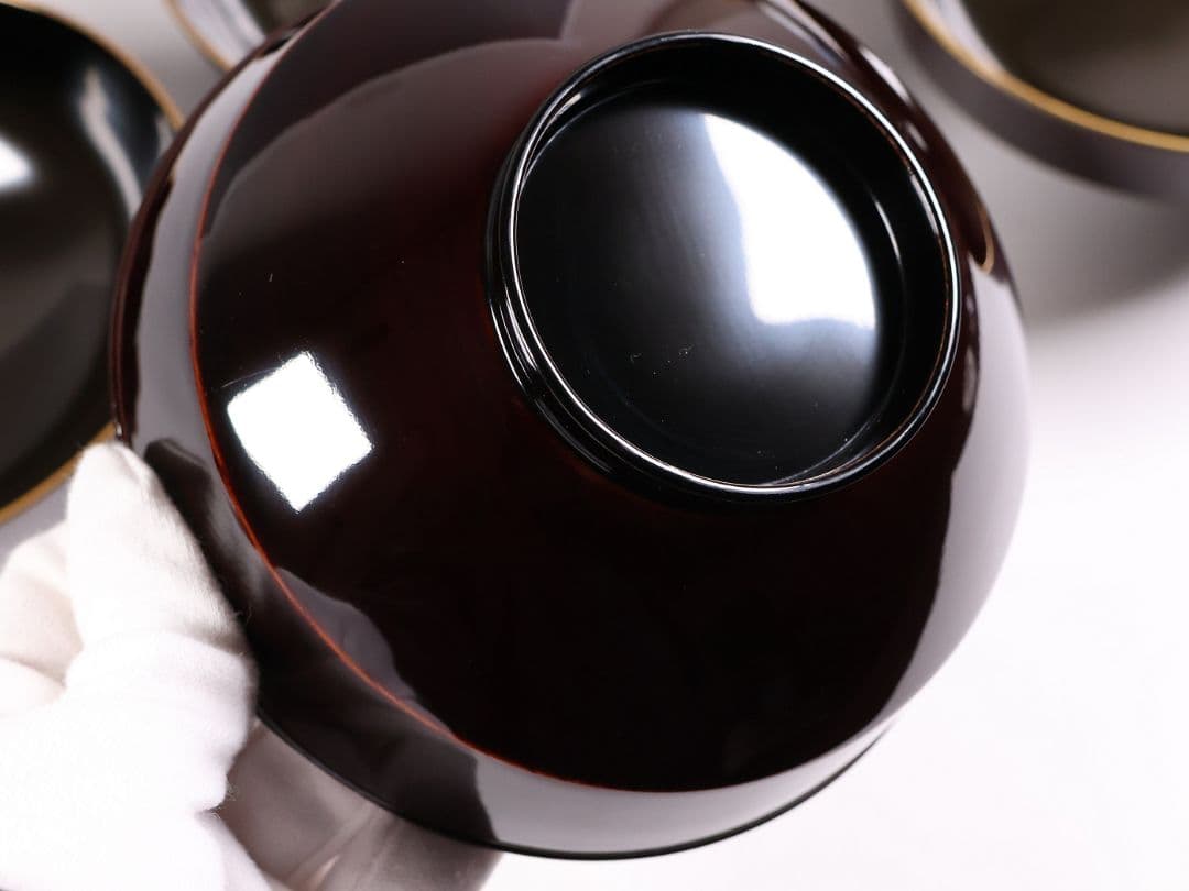 【CM379】大正期 月と松 飛翔鶴 金蒔絵 欅地溜塗 黒塗 椀四客 木製漆器