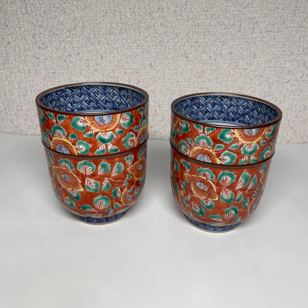 京焼清水焼一楽窯赤濃牡丹唐草夫婦湯呑み