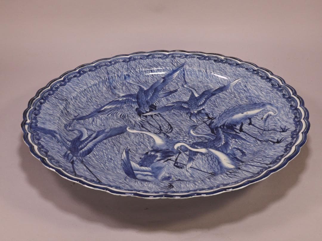 BK266　江戸期　古伊万里　大明成化年製銘　古染付郡鷺文様　大皿　1尺7寸