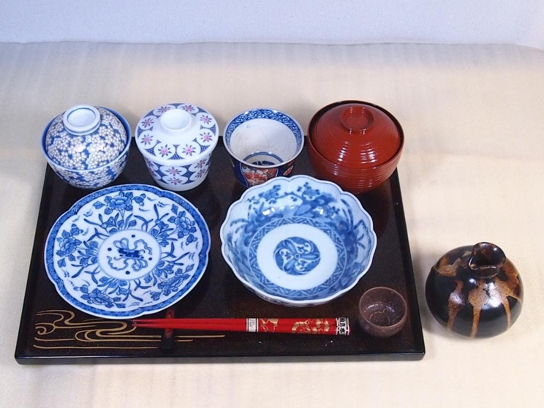 【未使用あり】輪島塗 長手脇引膳 5客 梨地霞/波蒔絵 卓上膳/懐石膳/会席膳