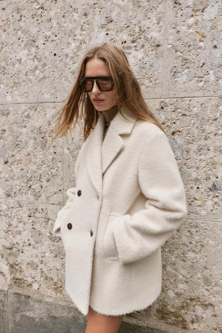 希少 Mサイズ ZARA ブークレダブルブレストミディ丈コート エクリュ