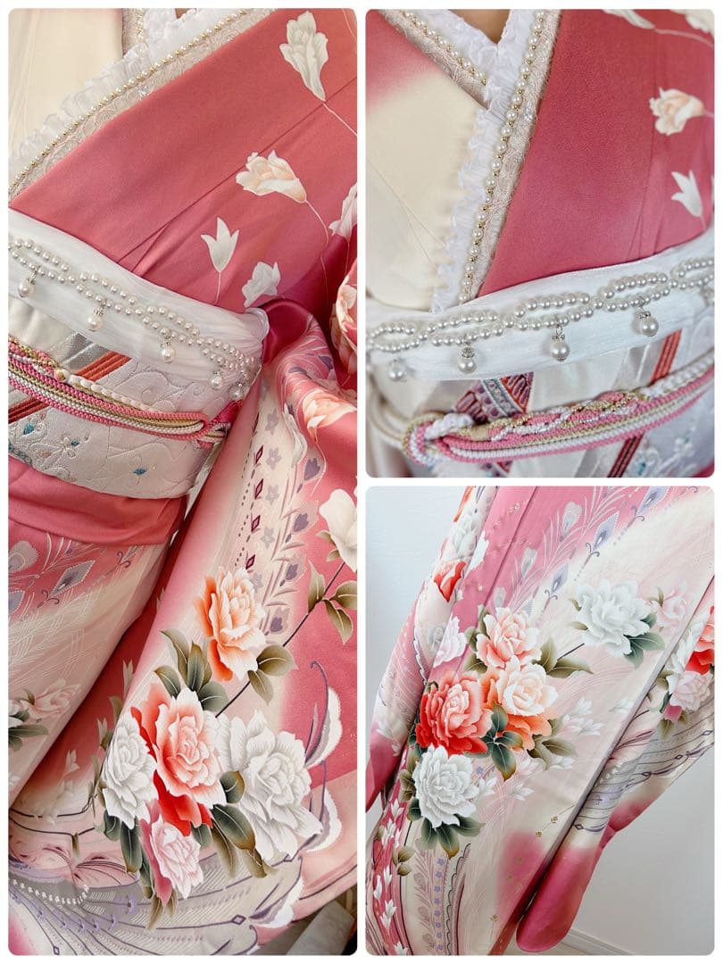 正絹振袖フルセット 豪華金彩 薔薇 パール姫 ピンク 花柄 振袖 絹