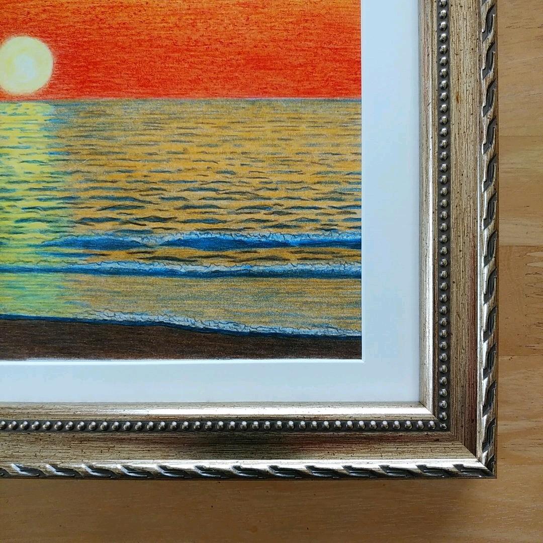絵画色鉛筆風景画『夕日の海』原画
