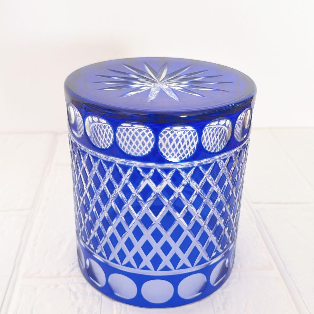 【美品】　江戸切子ガラス　瑠璃色 水指 / 茶道具 ふた、共箱付き　水差し