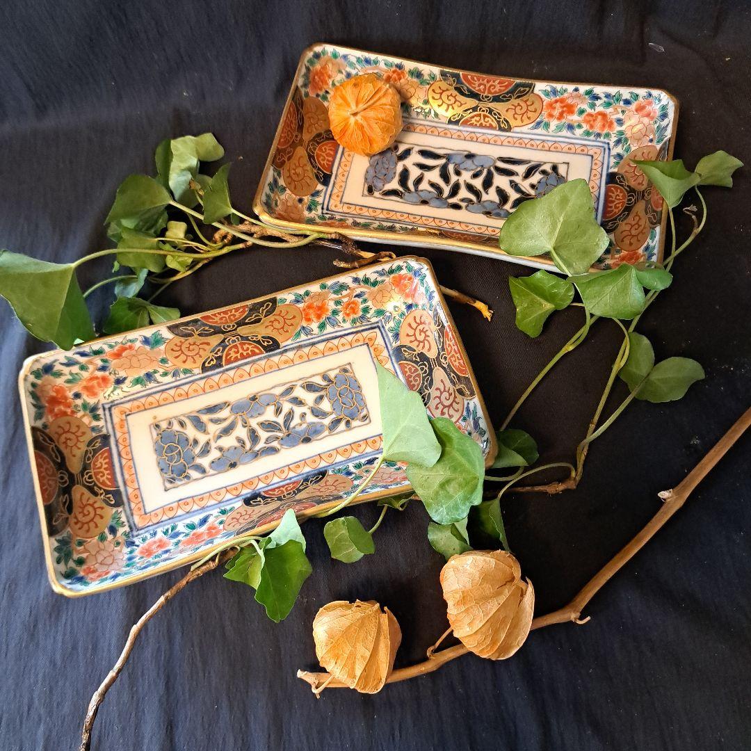 金彩豪華！古伊万里長皿(全5客)」 色絵皿(21×12cm) 2客