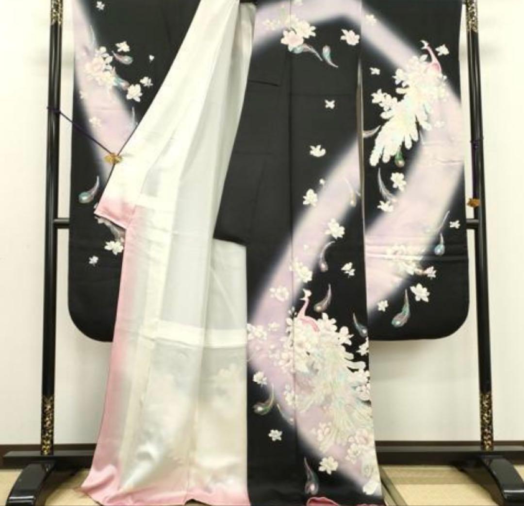 振袖 フルセット6点サイズL孔雀花文 暈し染 黒地 銀彩