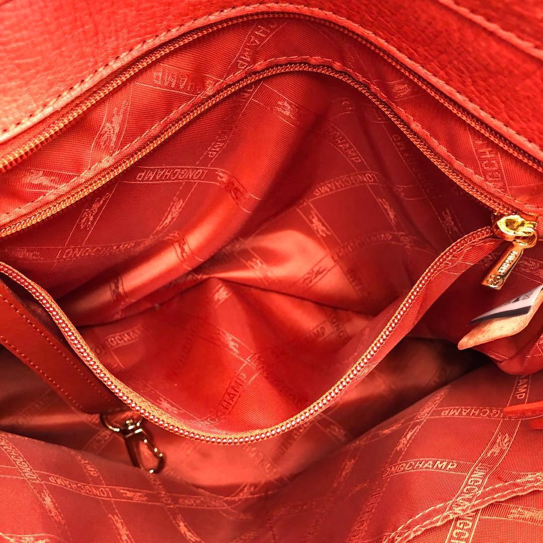 美品 ロンシャン ペネロペ シボ革 ハンドバッグ レザー 濃いオレンジ系