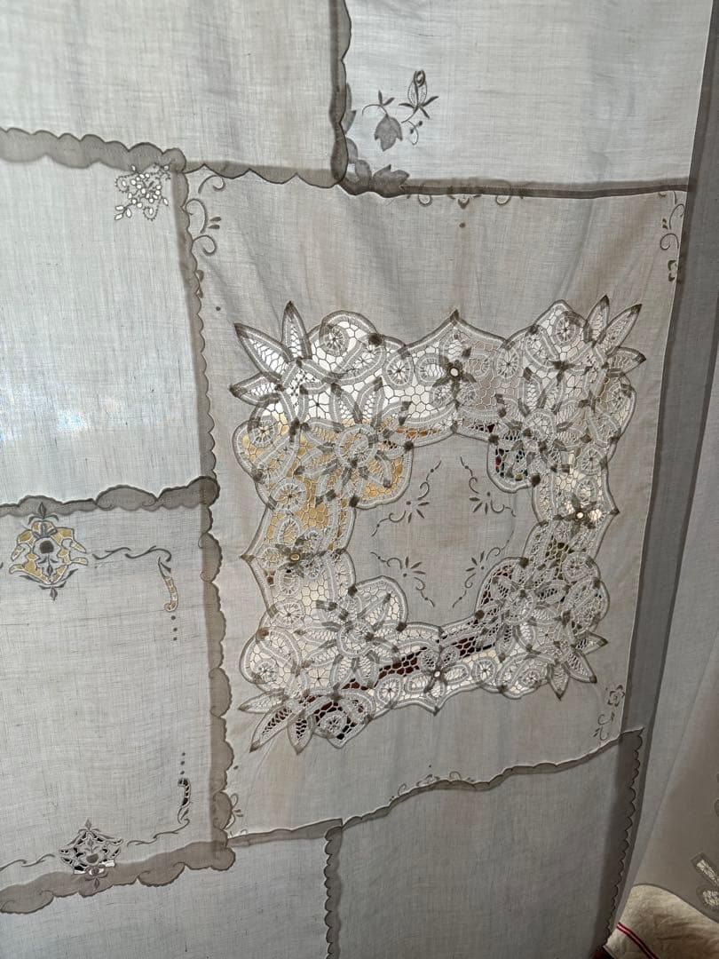 フランスアンティーク花柄刺繍レースクロスカーテンஐハンドメイド①
