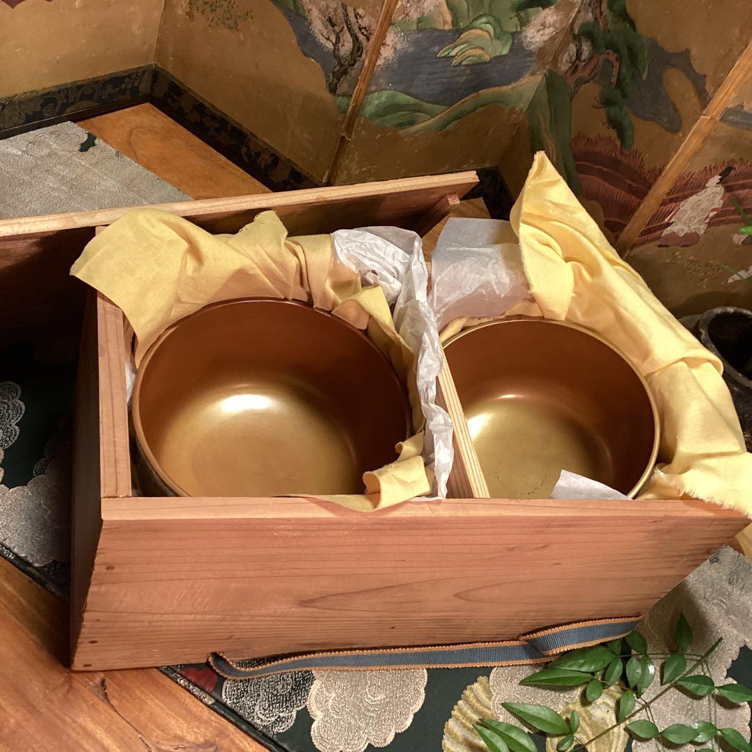 A913 木製輪島塗 枝垂桜蒔絵 時代物 盃洗 1対 （合わせ箱付）