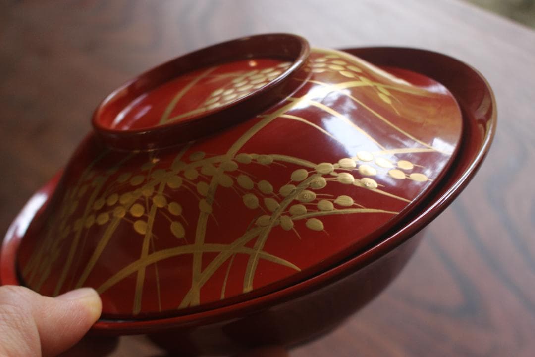 デッドストック！時代朱漆に極上稲穂雀蒔絵の映える大椀2点（検