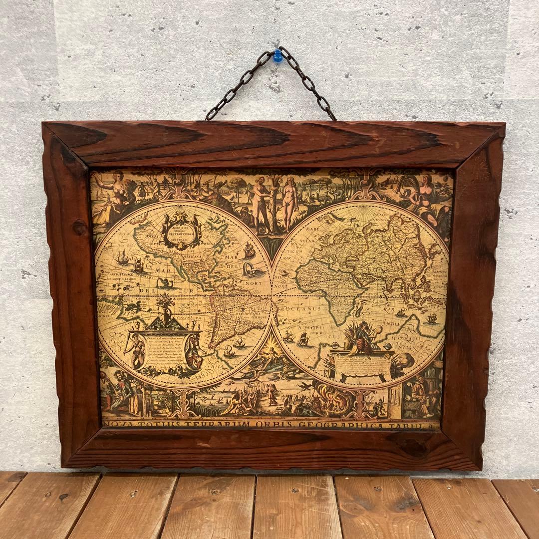 アンティーク 木製フレーム 世界地図 古地図 航海 図 絵画 額縁 壁掛け