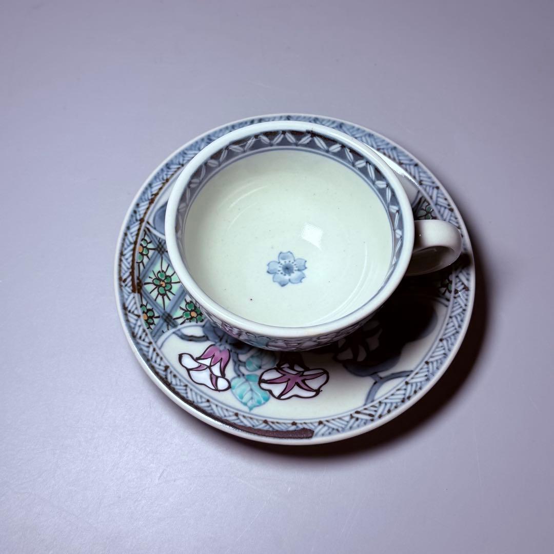 五代 佐藤走波 七十五才 染錦桜と朝顔文カップ＆ソーサー コレクター放