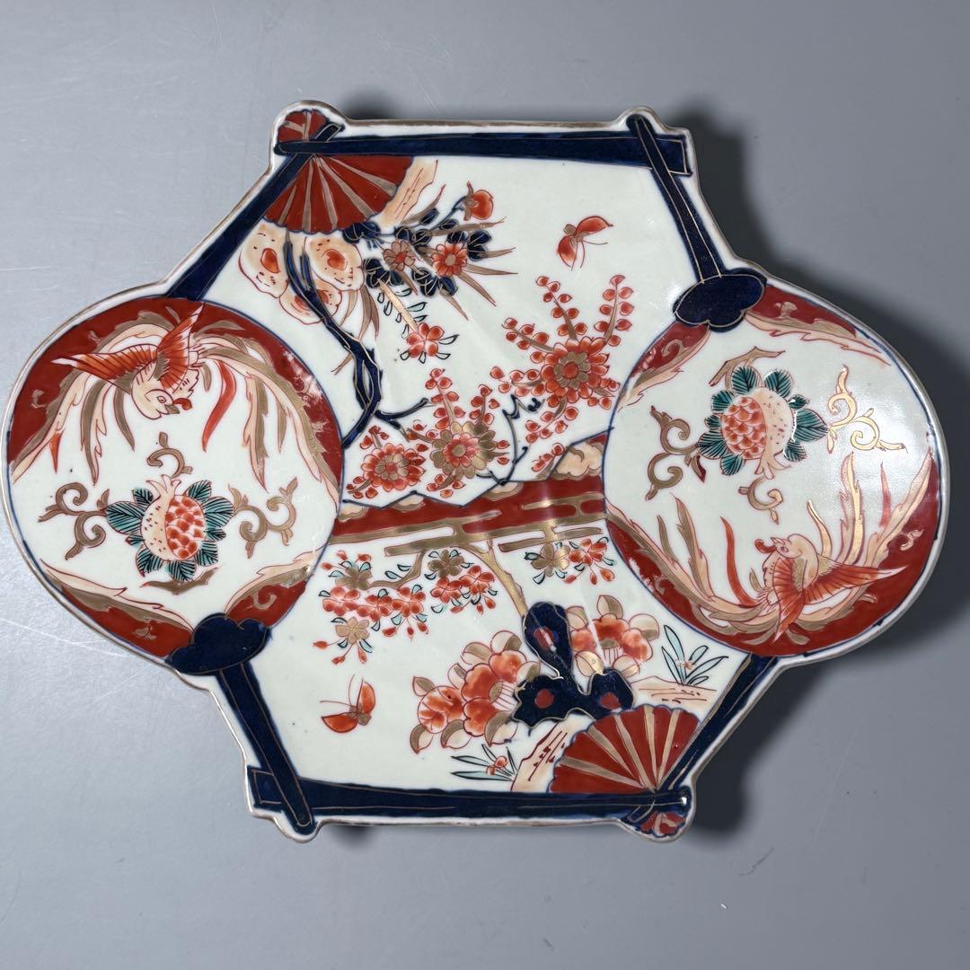 1800年代後期 古伊万里 色絵花蝶図変形中皿 五枚 柘榴に鳳凰 裏蝙蝠文