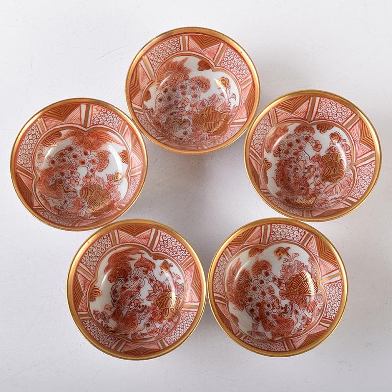 九谷焼 赤絵金彩 静山銘 獅子花文 盃 五客 龍鳳凰文 徳利