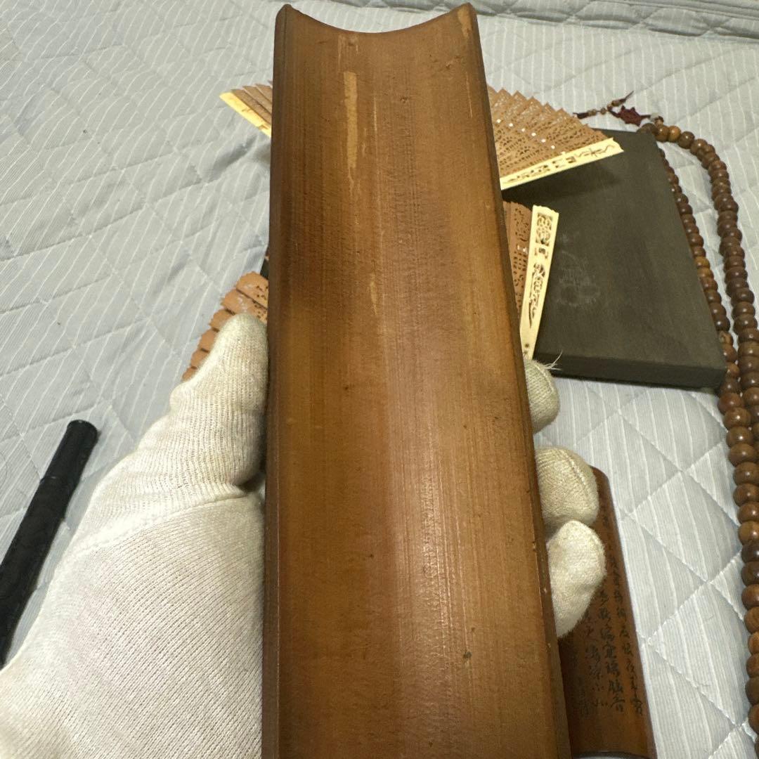 中国 日本時代物白檀念珠紫檀香筒竹彫 詩文 人物 山水 茶道具