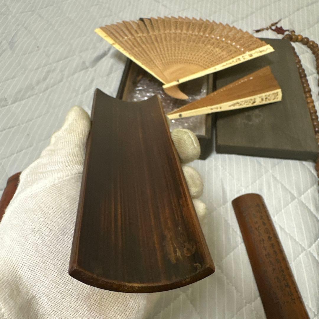 中国 日本時代物白檀念珠紫檀香筒竹彫 詩文 人物 山水 茶道具