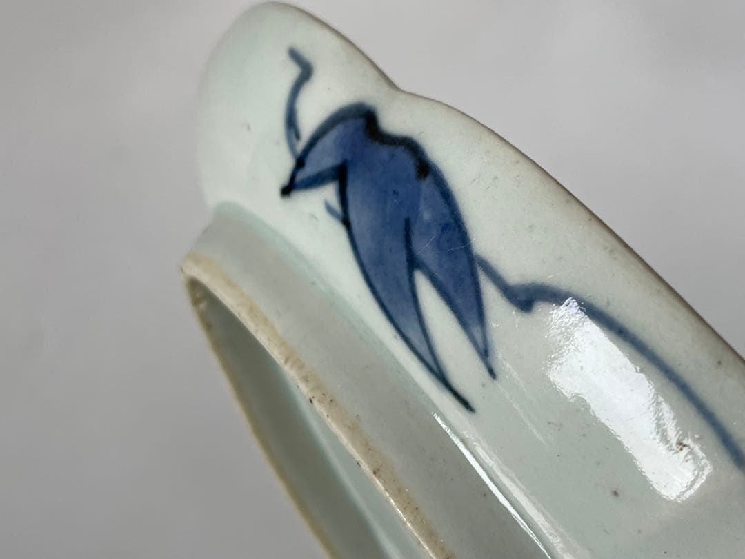 骨董 アンティーク 色絵古九谷 古伊万里 染付 赤絵 海老文様 変形皿 木瓜皿