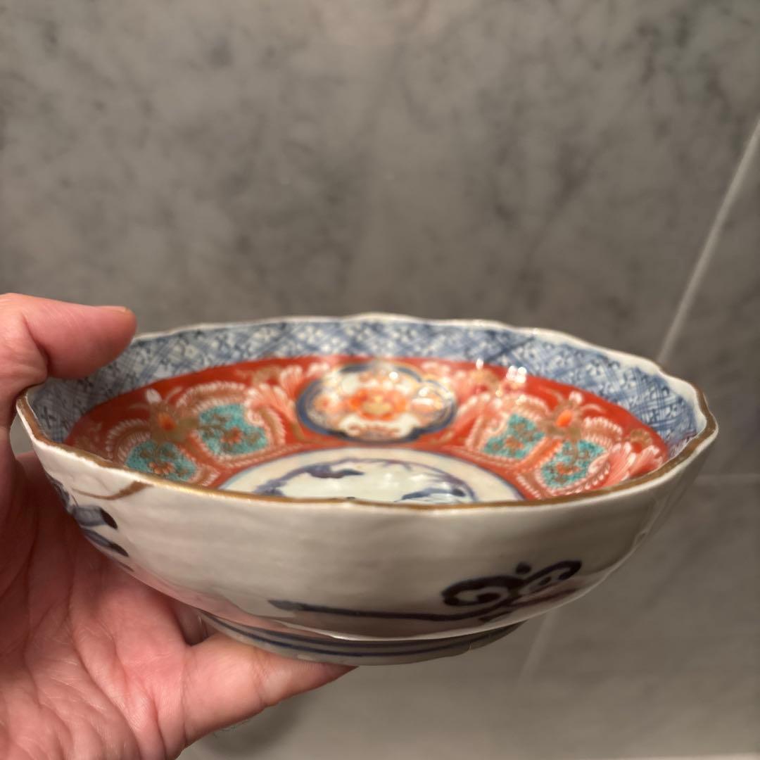 赤絵古い皿 時代物 色絵付 小皿 花 銘 田代 赤絵 人物 歪み 江戸 明治