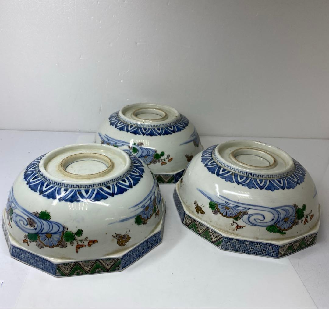 古伊万里 染錦 面取 鉢3点 麒麟図 タサコサ 東さ7-1124③