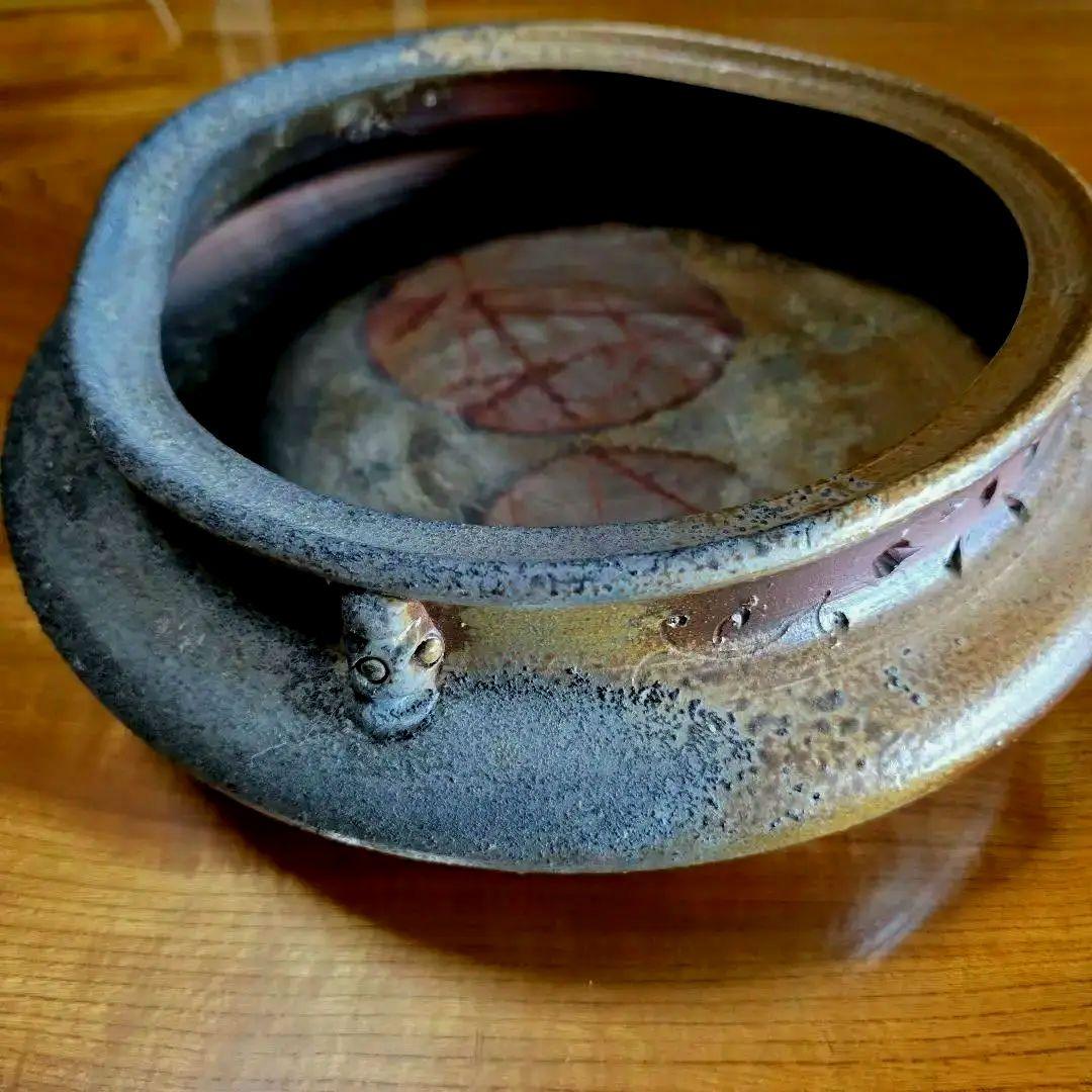 備前焼 藤原陶臣作 三点猫足/三つ足付 水盤 花器 花生 美術品