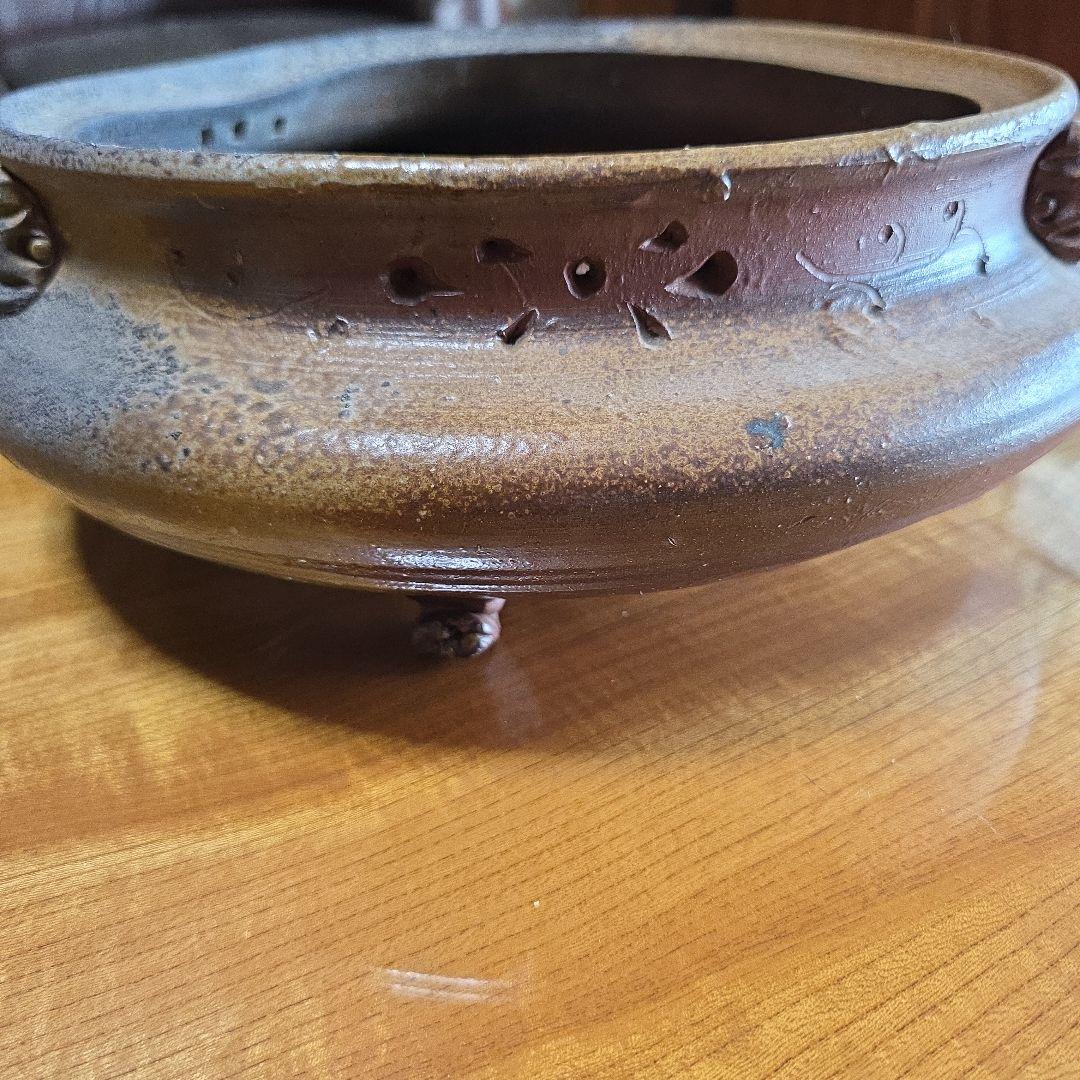 備前焼 藤原陶臣作 三点猫足/三つ足付 水盤 花器 花生 美術品