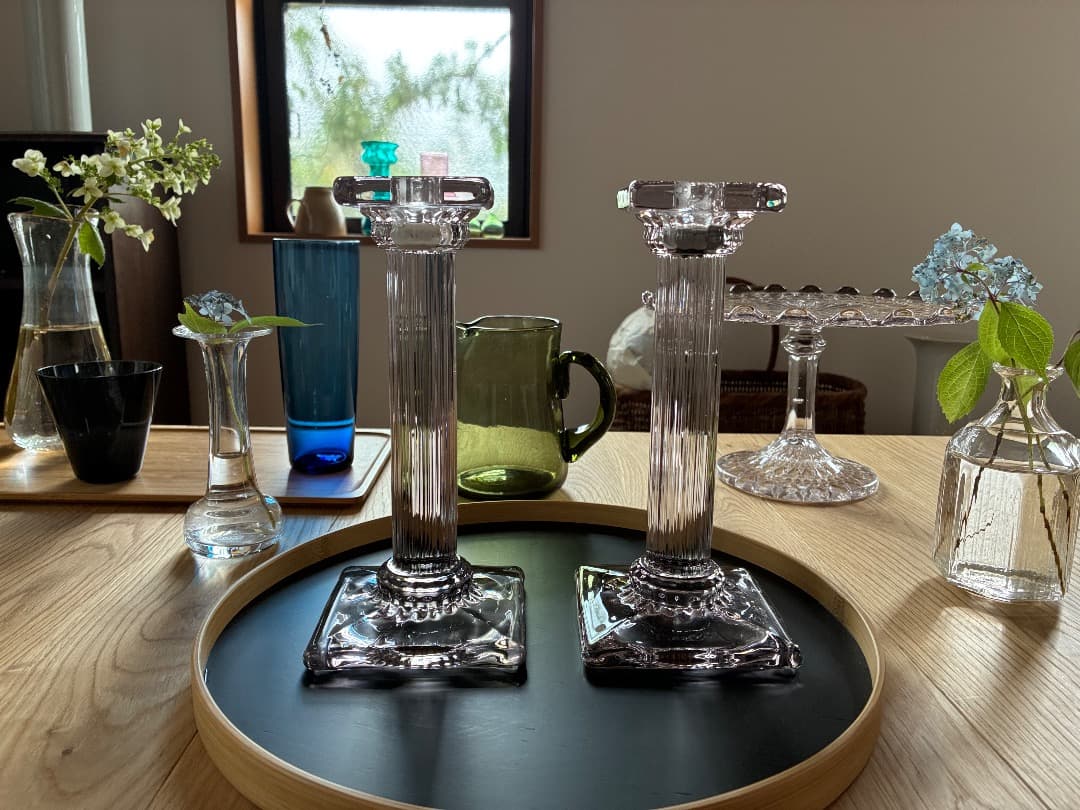 英国アンティーク ガラス燭台ペア キャンドルスタンド