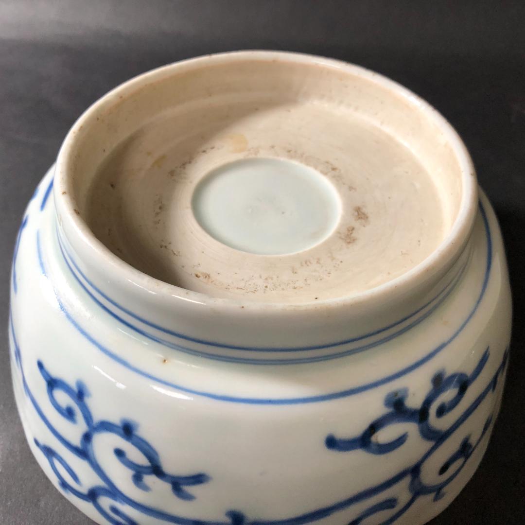 古伊万里 染付 微塵文様に丸文松竹梅文様 六寸鉢 輪花鉢