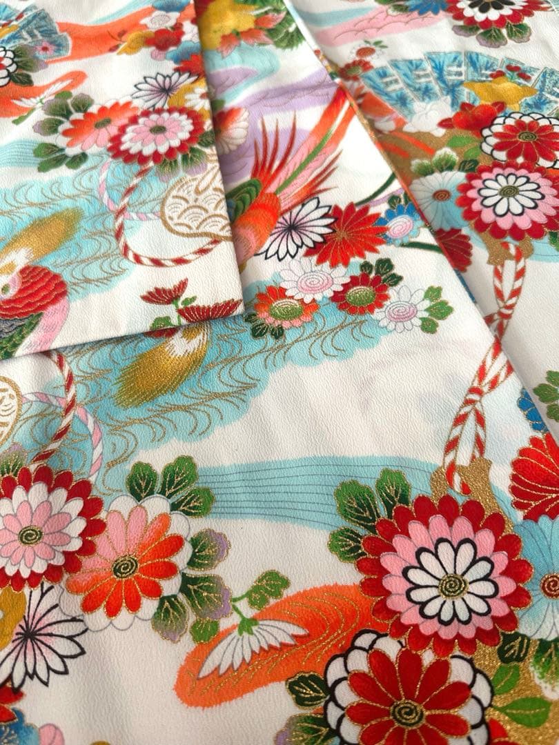 七五三 7歳 四つ身着物 レトロ柄 牡丹 鶴 金彩 美品