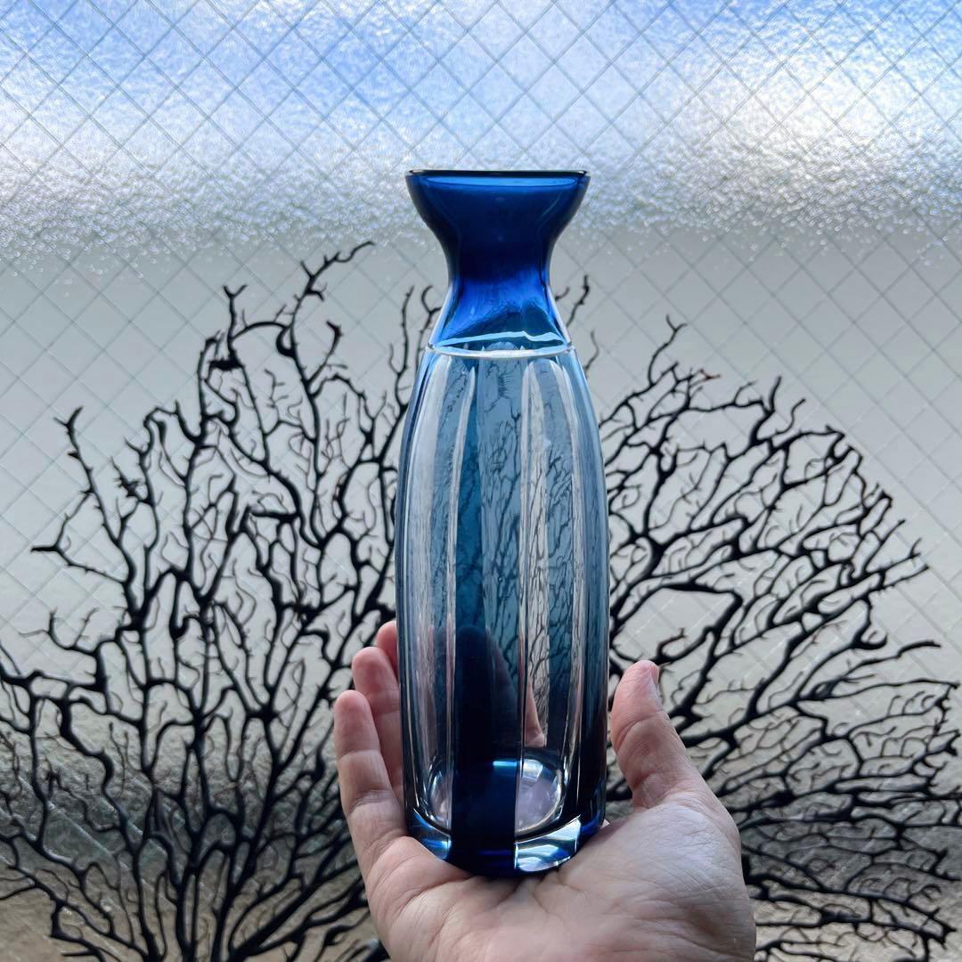 骨董時代ガラス色被せ切子ぎやまん 希少藍紺色縞模様徳利盃3客