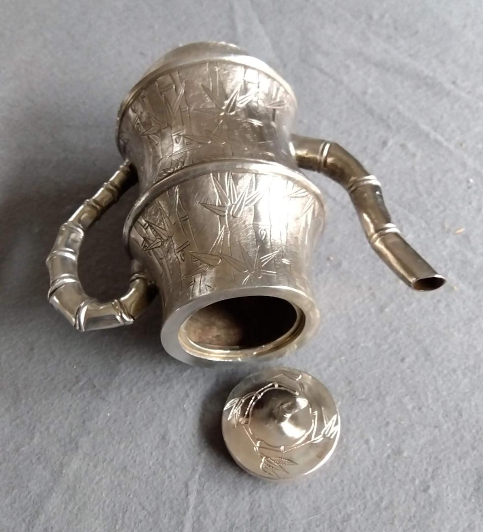 北京工芸品公司銀製竹林吉祥紋紋様彫酒器 353gm全高160全長170mm