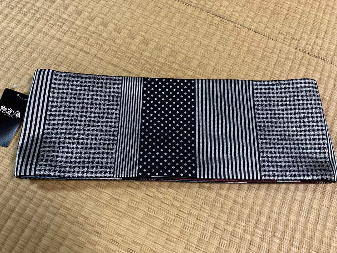 【撫松庵】大柄幾何模様とストライプ・ドット等リバーシブル半幅帯