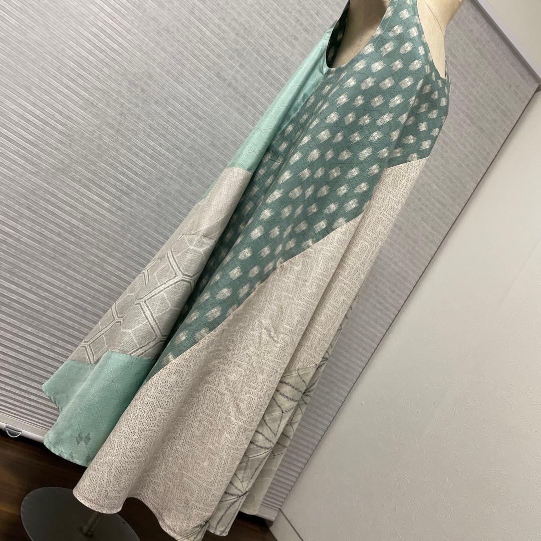 着物ワンピーステントラインロング丈《10》大島紬［都喜ヱ門&白大島］や紬L〜