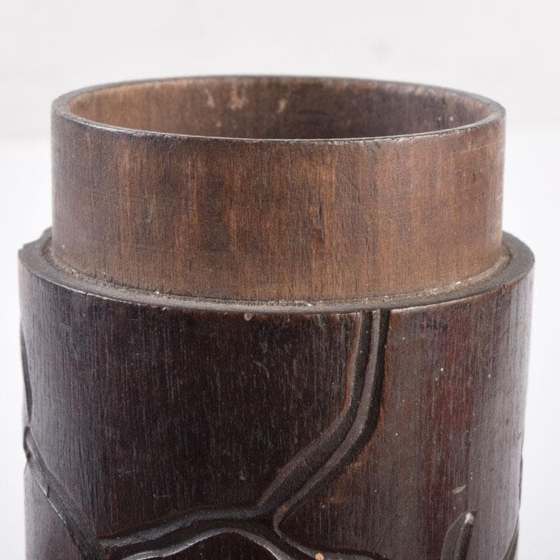 煎茶道具 木彫 椿図 茶筒 V 8508