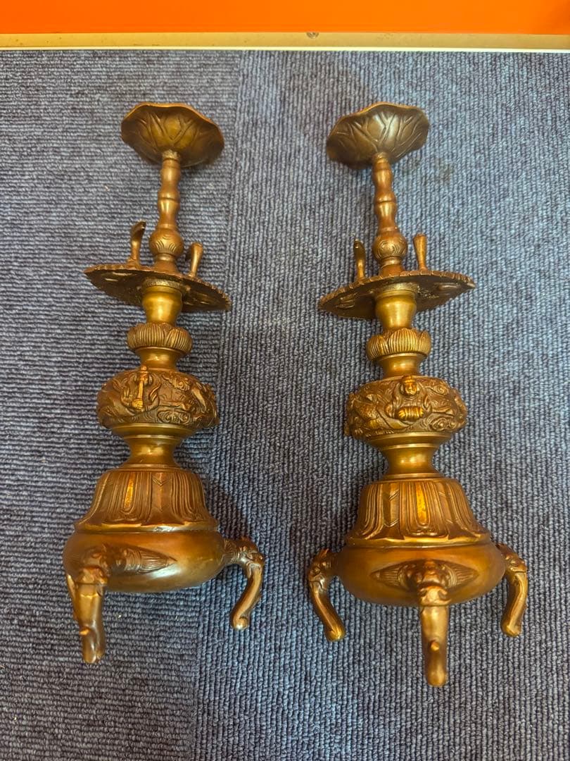 1904 春甫造 古銅 仏具 木瓜菖蒲型五具足 火立2客 花立