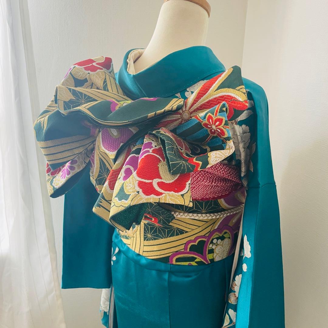 豪華】振袖フルセット 正絹 身丈160 裄丈65 ターコイズブルー 成人式