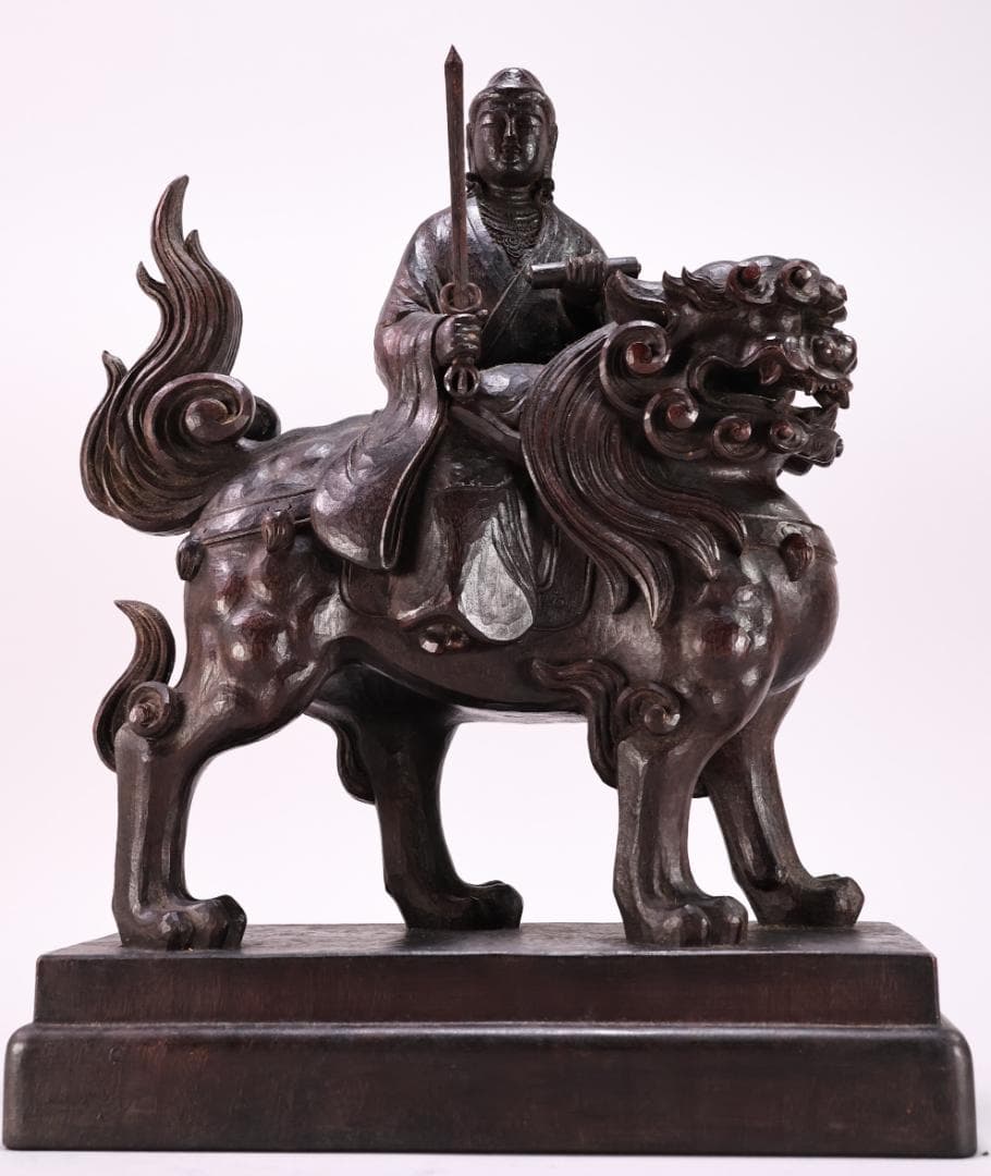 でこい　石崎秀峰 勤作 「 木彫 文殊菩薩 」 金銘　共箱 高さ37.5㎝