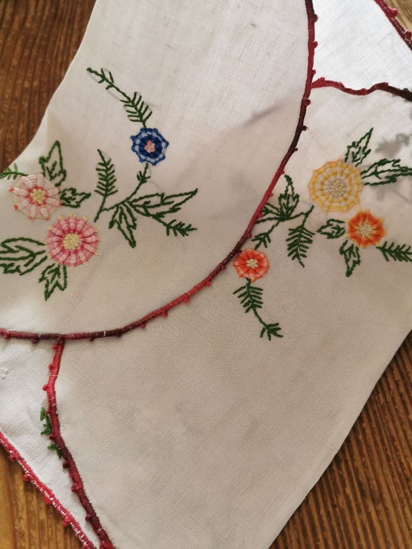 アンティークフランス 野の花の花籠 色糸刺繍 リネンクロス ロング