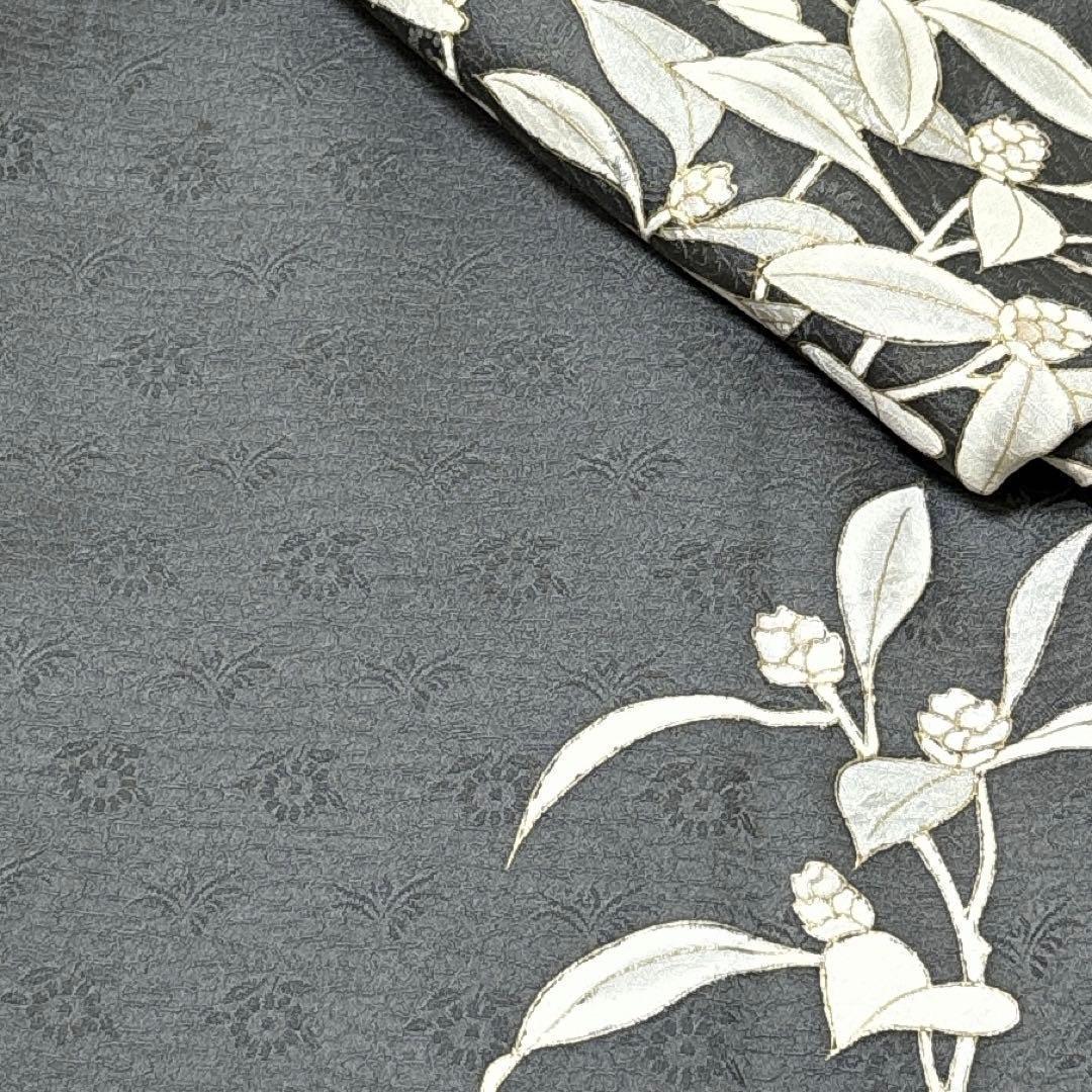 A151愛華 訪問着 錆鼠色 花地紋 染め花 正絹 フォーマル 身丈164cm