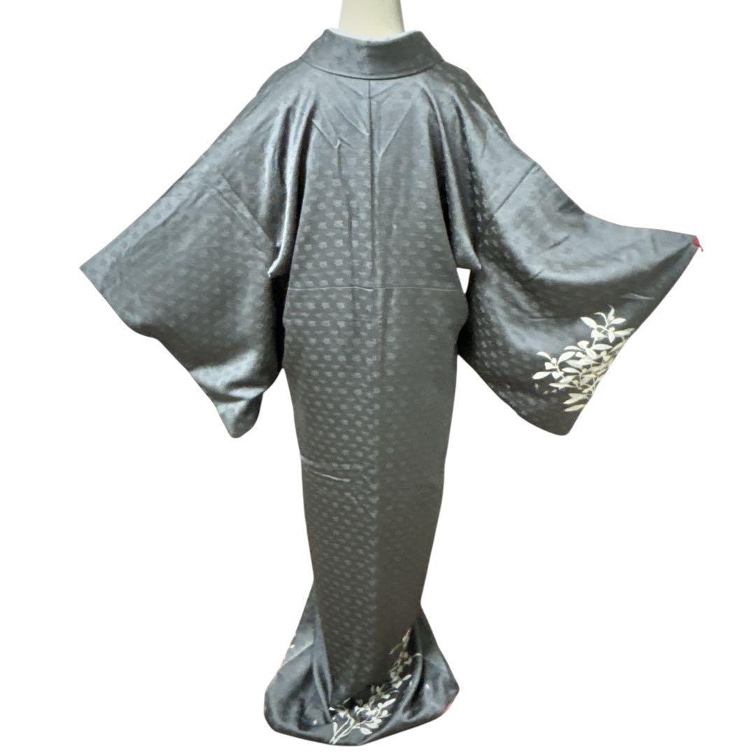 A151愛華 訪問着 錆鼠色 花地紋 染め花 正絹 フォーマル 身丈164cm