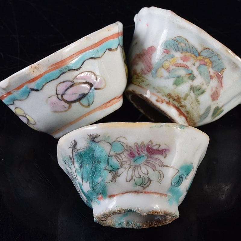 中国 青花山水文 粉彩花文など 盃 12客まとめて M R8128