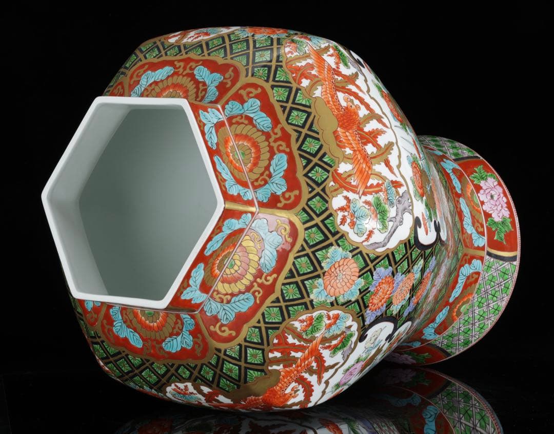 有田焼 耕右衛門 染錦窓絵鳳凰花尽之図 獅子摘蓋特大