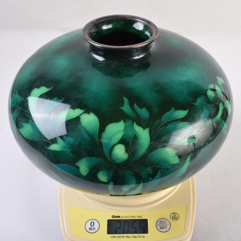 七宝焼 安藤七宝店 SILVER刻印 翡翠釉 花文 花瓶 共箱 M R8879B