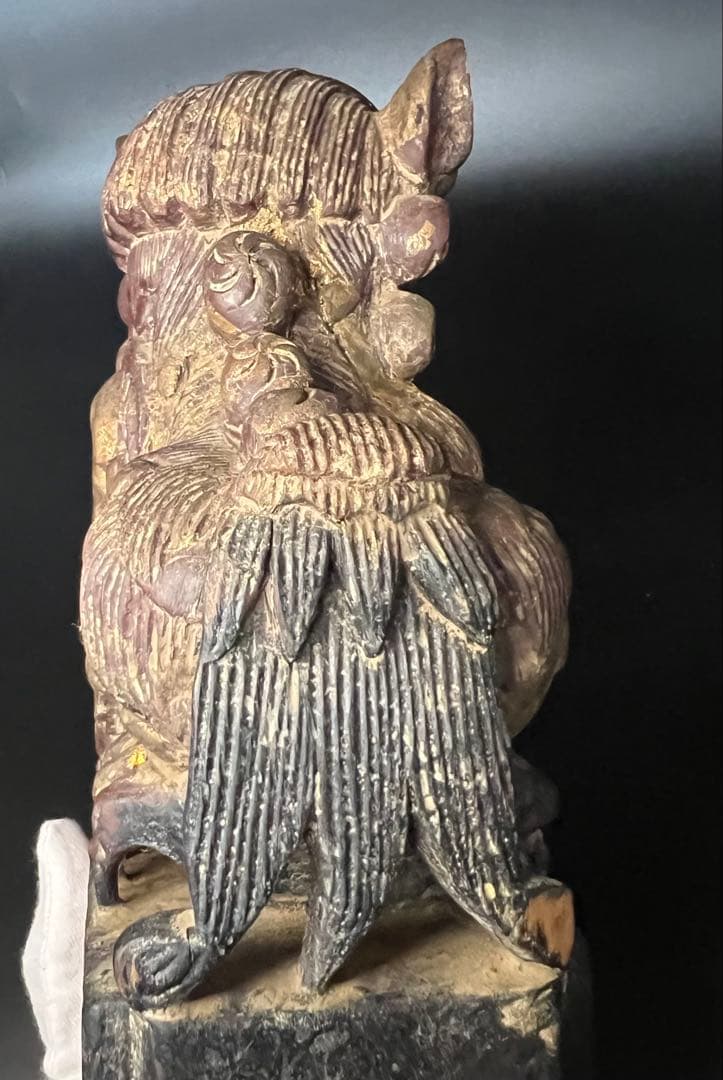 ◎古道具 庵々◎清朝中後期 木彫 守護獅子置物◎狛犬 唐物中国古美術