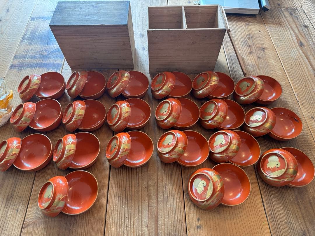 「明治〜大正 骨董 漆器 吸物椀 20客 ■華やか鶴蒔絵 ■箱付き ■送料込み」