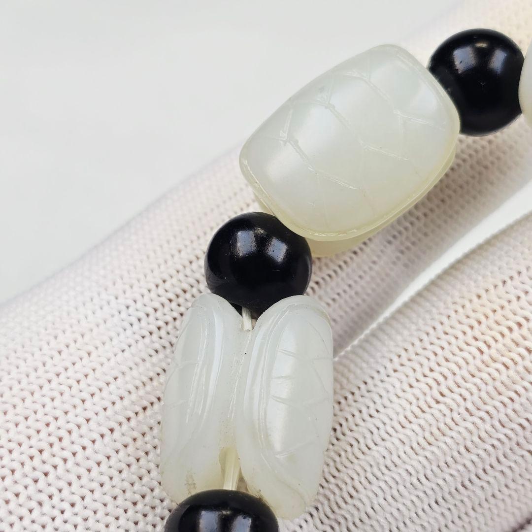 中国古美術 本物和田白玉 細工手彫 亀甲紋（富甲天下）数珠 根付