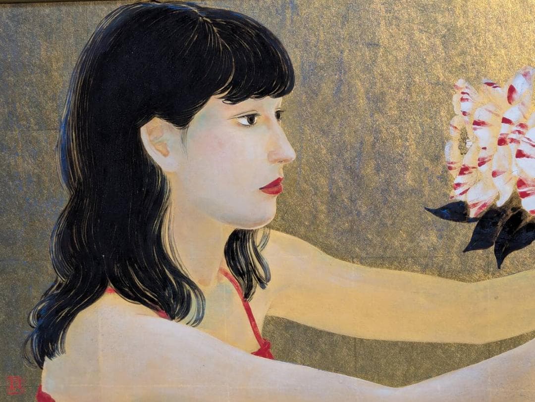 【真作】絵画　石踊紘一　日本画　花椿　良作　金地　美人画　箱・黄袋入　W111